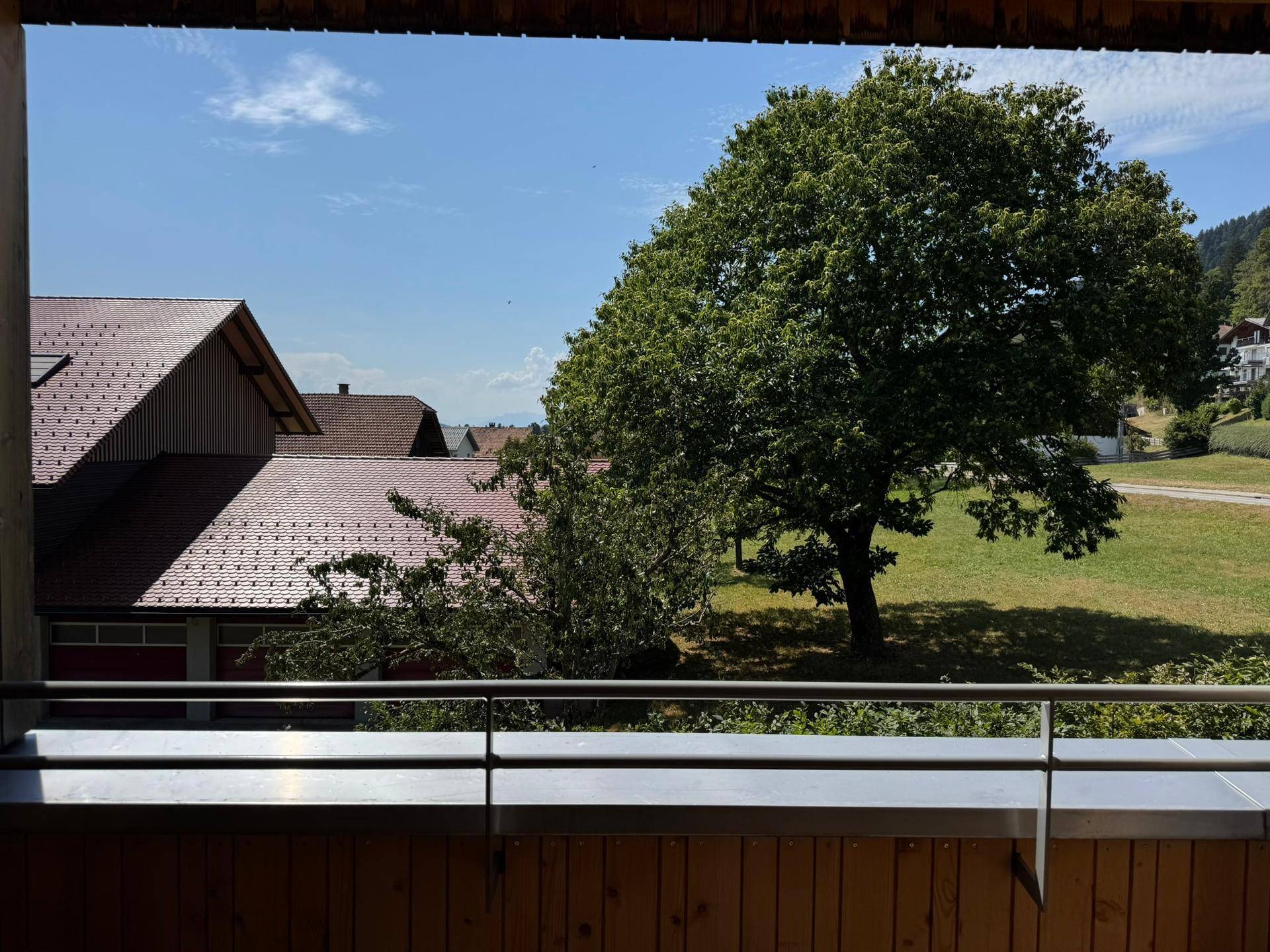 Balkon mit Holzboden und Geländer, bietet einen weiten Blick auf Dächer und grüne Landschaft.
