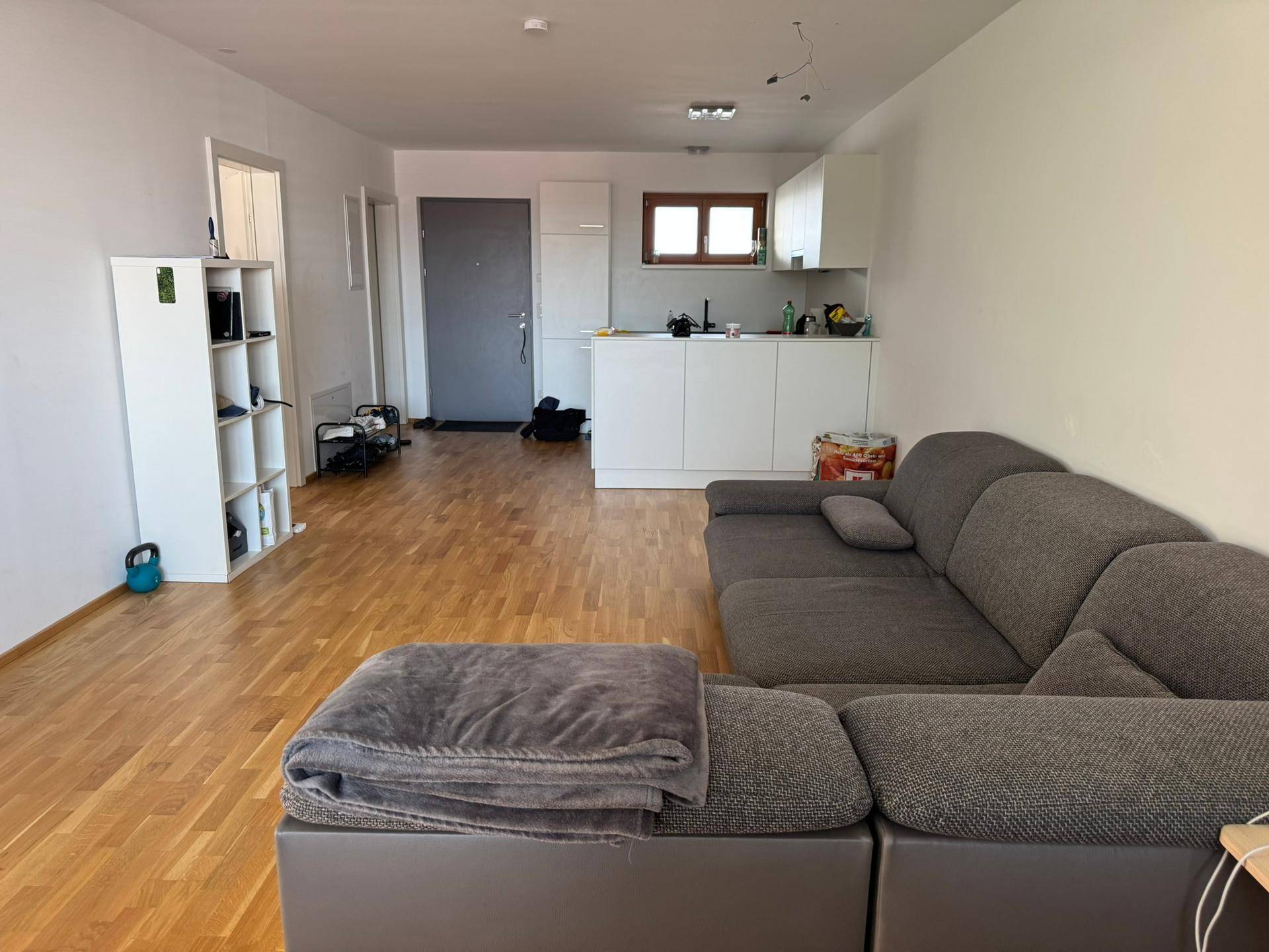 Heller Wohnbereich mit Küchenzeile, Holzboden und Zugang zur Eingangstür, funktional und einladend.