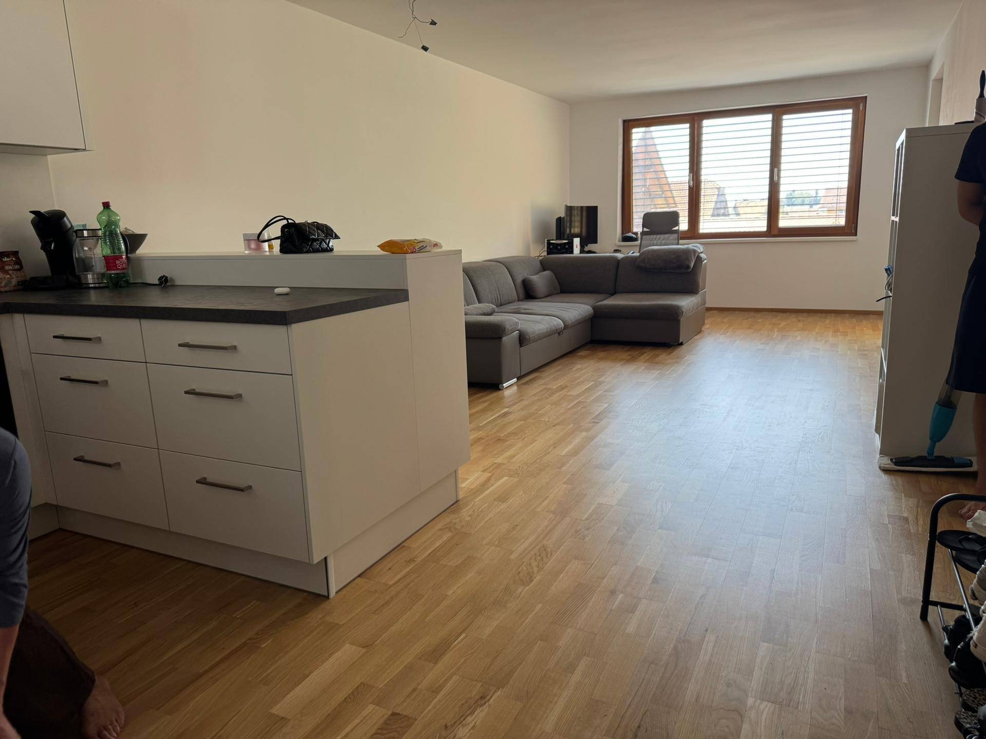 Offener Wohnbereich mit integrierter Küchenzeile, Parkettboden und großem Ecksofa, hell und modern gestaltet.