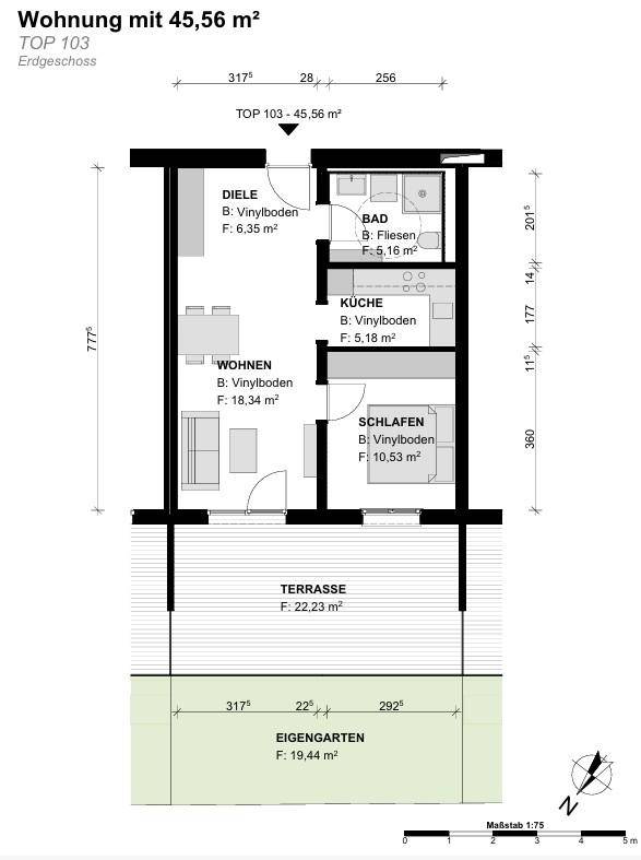Grundriss der Wohnung TOP 103 mit 45,56 m², Terrasse und eigenem Garten.