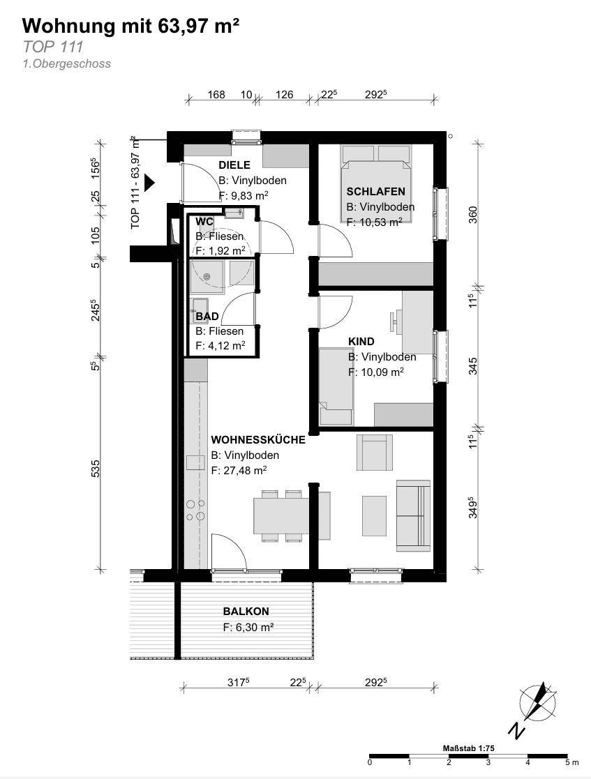 Grundriss der Wohnung TOP 111 im 1. Obergeschoss mit Balkon und offener Wohnküche.