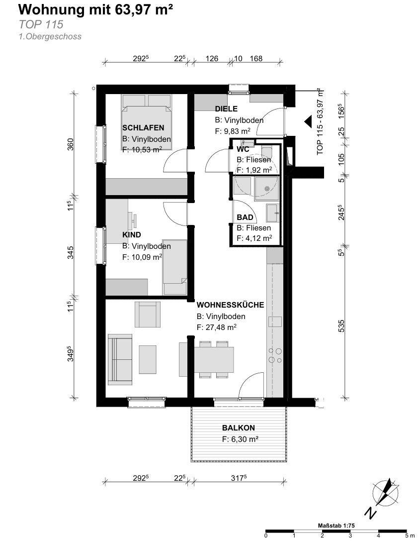 Grundriss der Wohnung TOP 115 mit 63,97 m² im 1. Obergeschoss, inklusive Balkon.