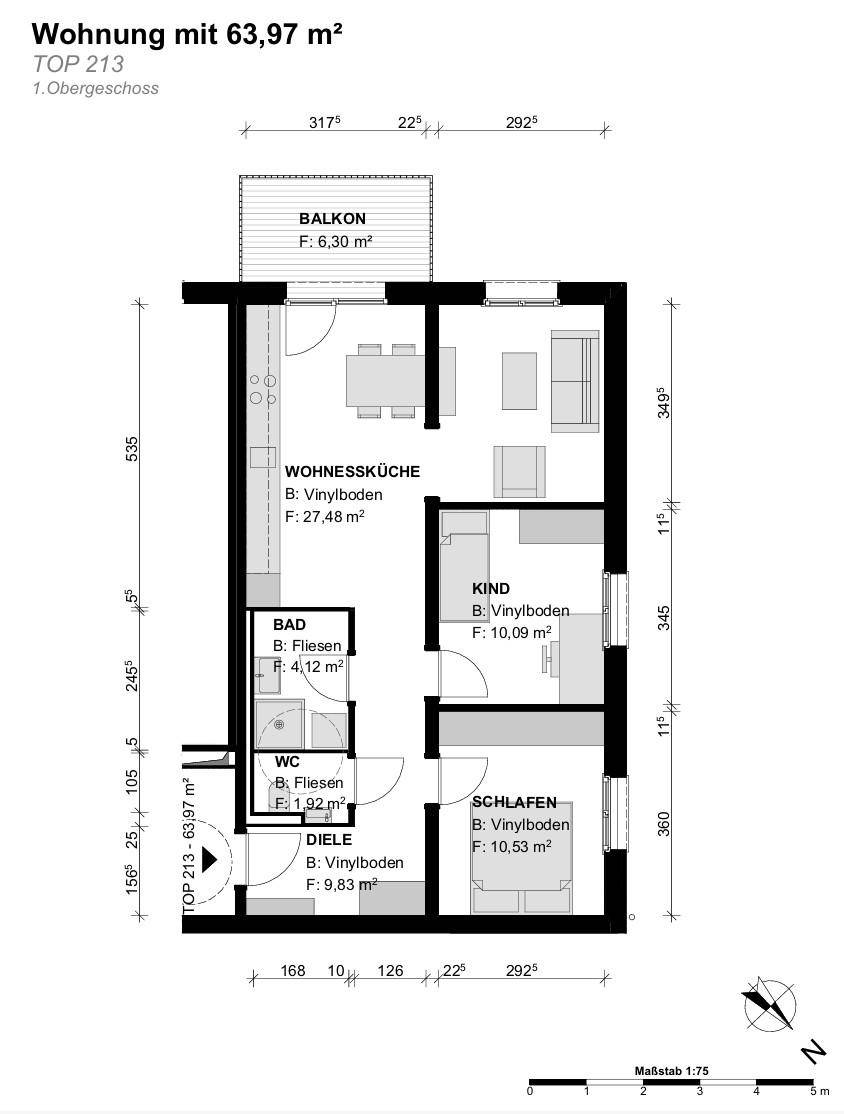 Grundriss einer Wohnung mit Wohnküche, Schlafzimmer, Kinderzimmer, Bad und Balkon.