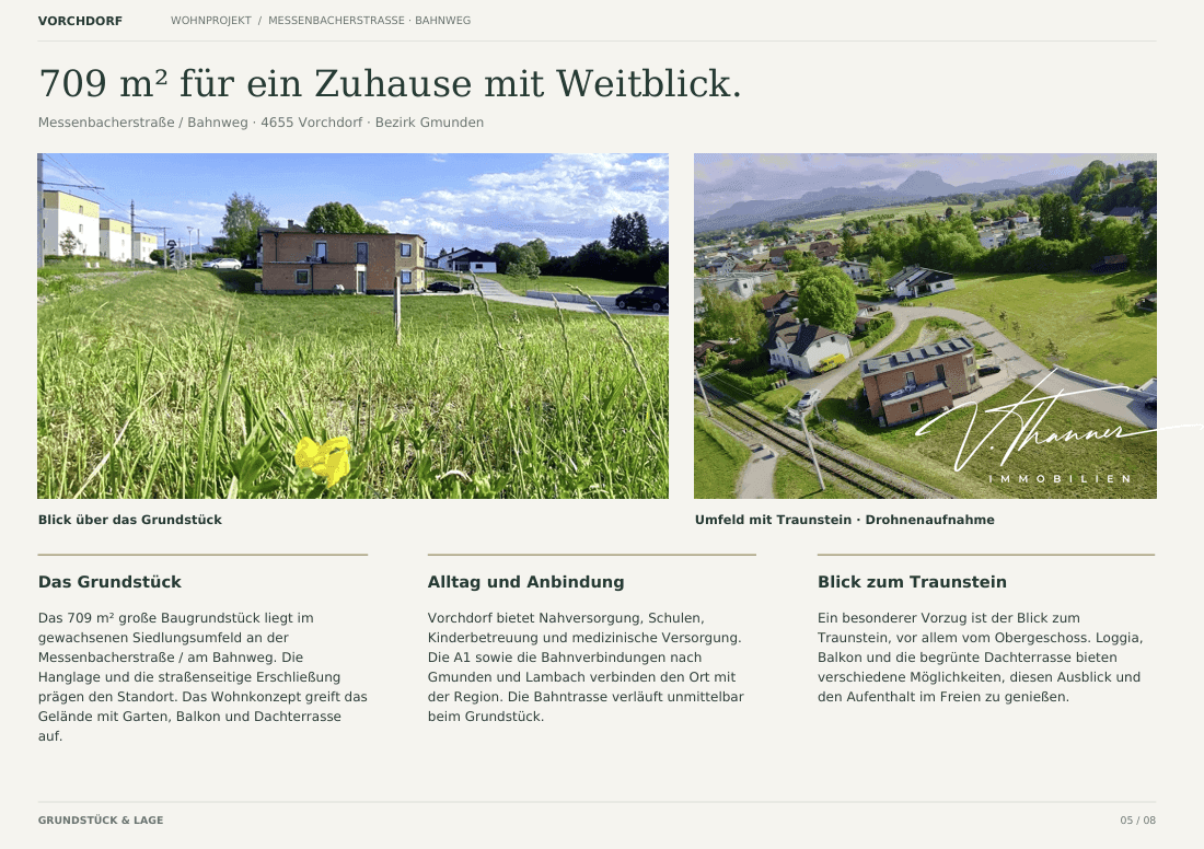 Blick über das grüne Grundstück und Drohnenaufnahme der Umgebung mit Bergen im Hintergrund.