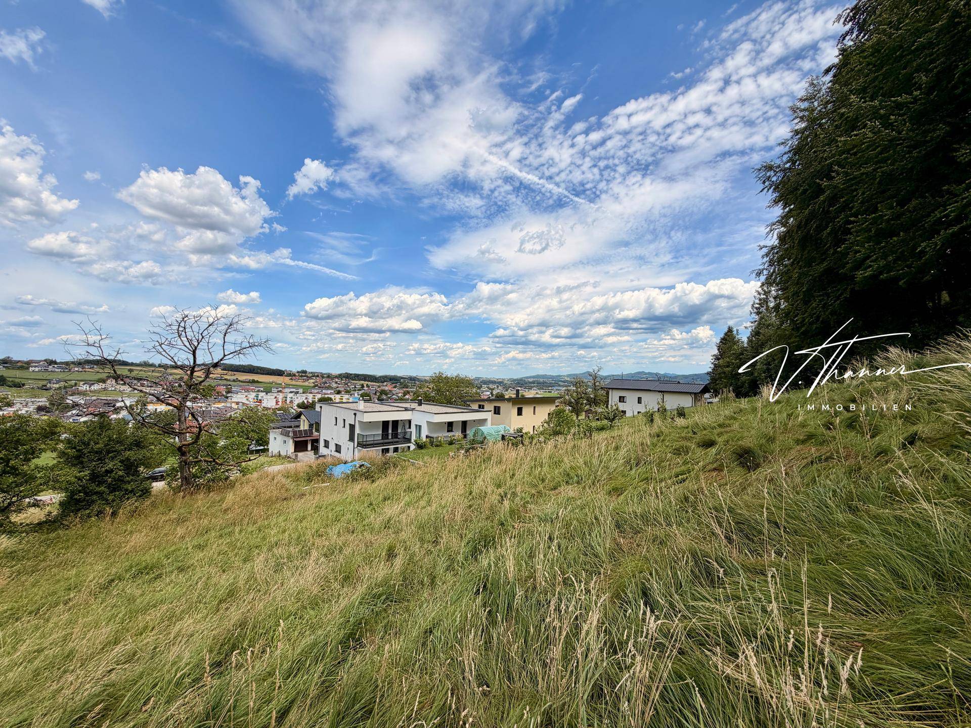 Panoramablick von einem grünen Hügel auf eine Siedlung mit modernen Gebäuden und weitem Horizont.