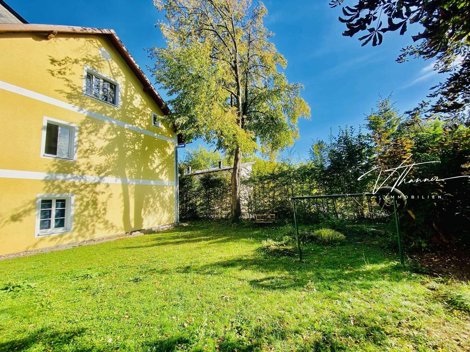 Grüner Gartenbereich neben dem Gebäude mit Rasenfläche und altem Baumbestand.