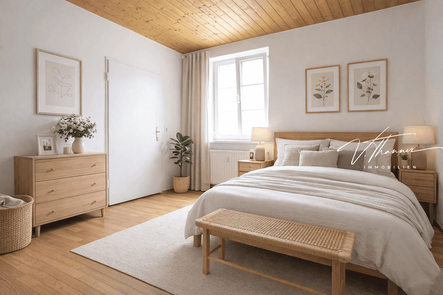 Gemütliches Schlafzimmer mit Holzdecke, hellem Hartholzboden und modernem Bett.