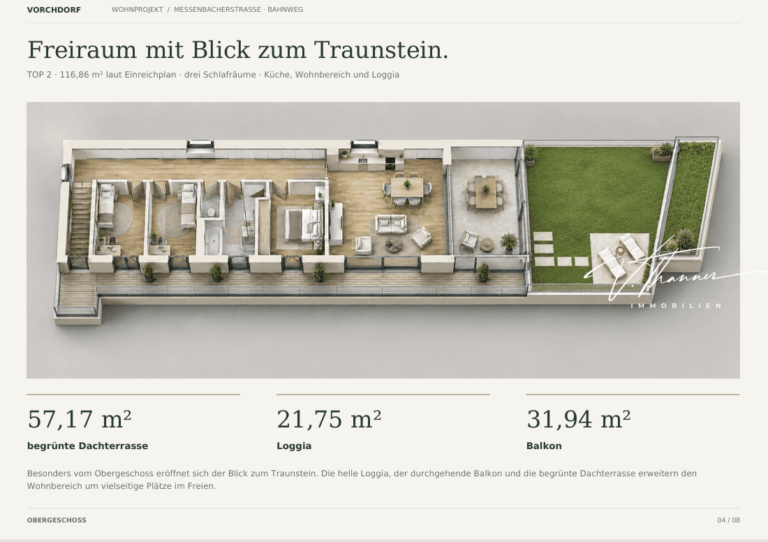3D-Grundriss des Obergeschosses mit Loggia, Balkon, Dachterrasse und Blick zum Traunstein.