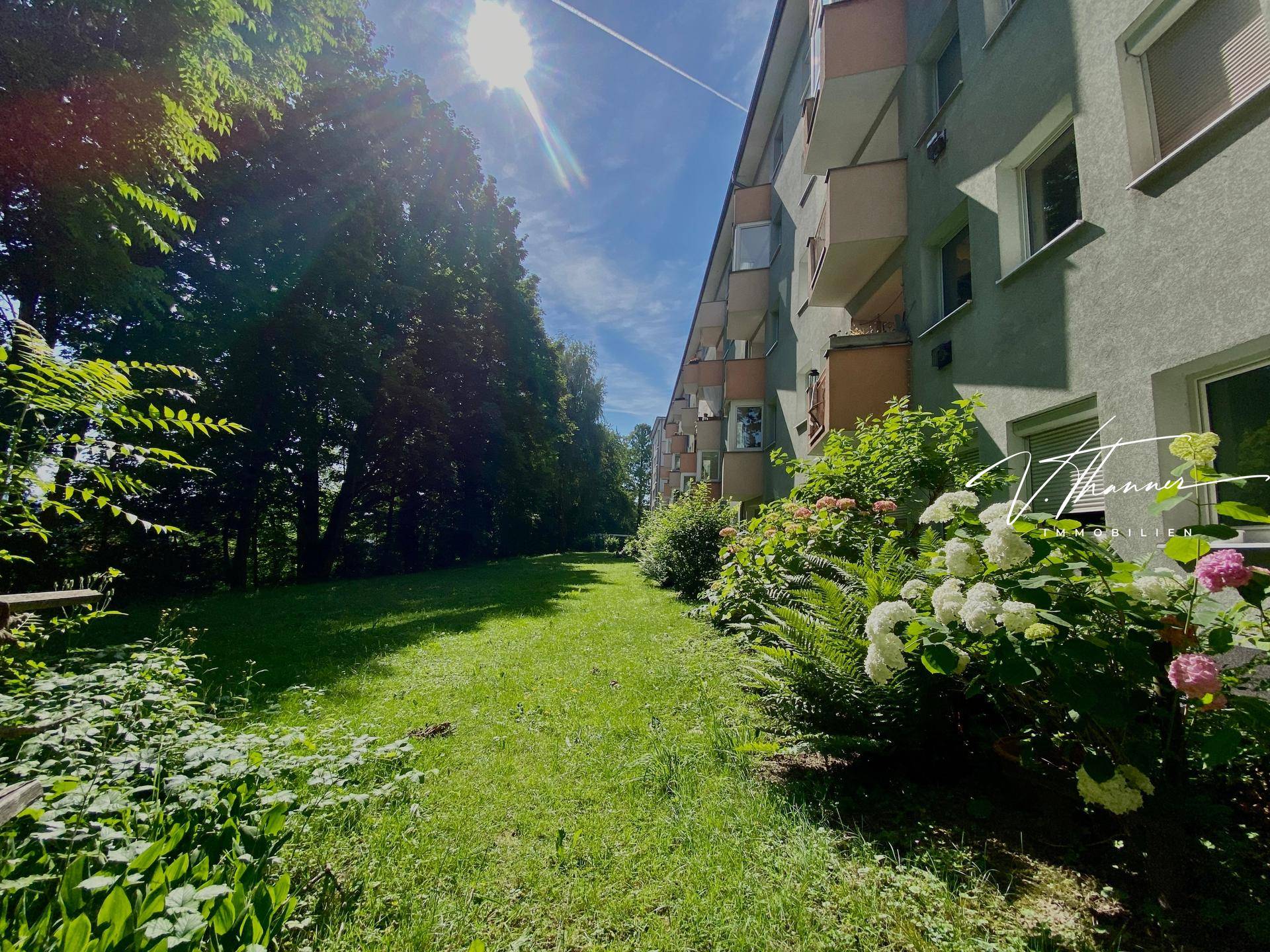 Lange Rasenfläche neben einem Wohngebäude mit Bäumen und blühenden Sträuchern an einem sonnigen Tag.