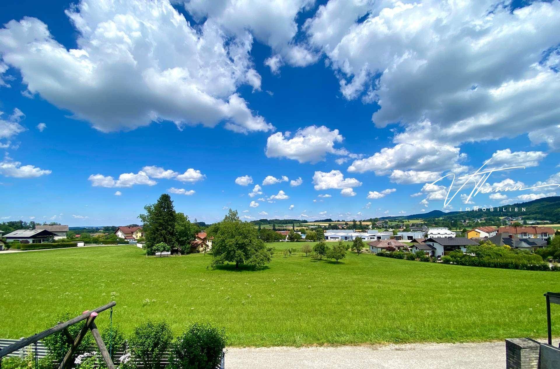 Weitläufiger Blick über die grüne Landschaft und die umliegende Siedlung unter blauem Himmel.