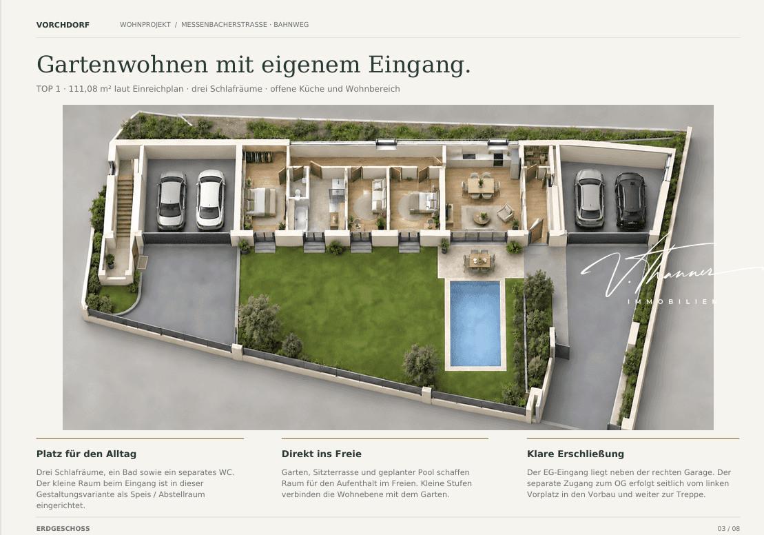 3D-Grundriss des Erdgeschosses mit offenem Wohnbereich, Garage, Garten und Poolzugang.