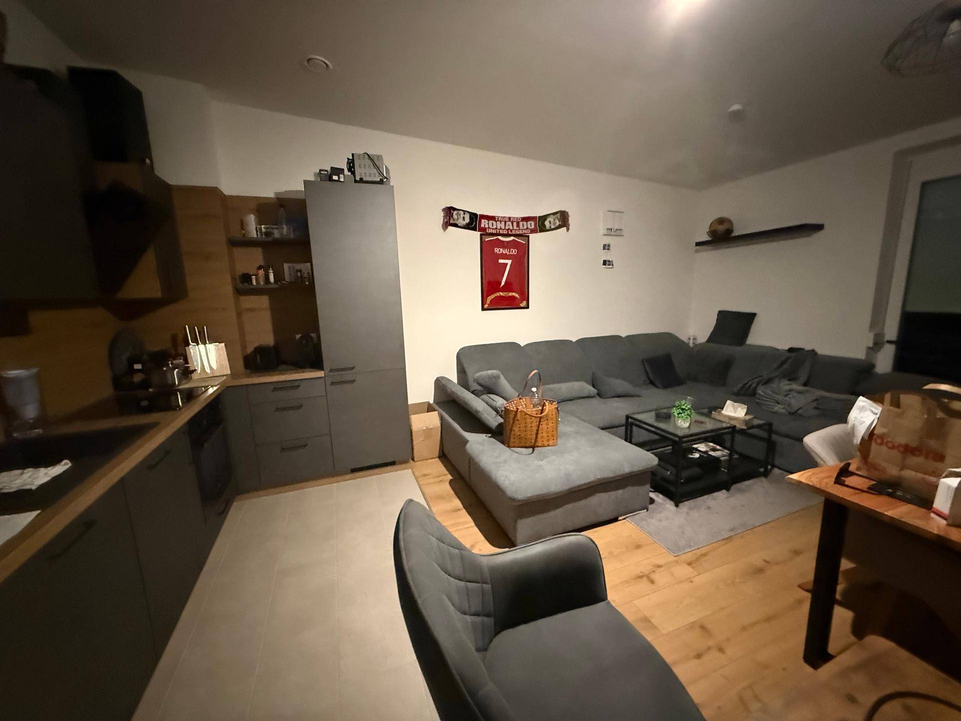 Gemütlicher Wohnbereich mit großem Ecksofa, Couchtisch und integrierter Küchenzeile.