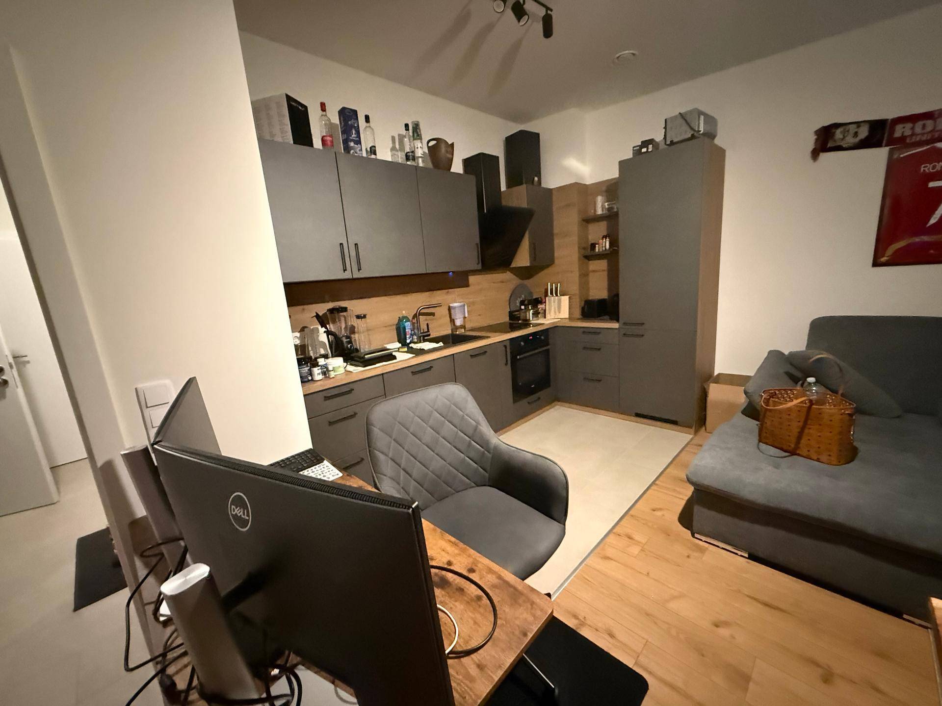 Offener Wohnbereich mit integrierter Küche, Arbeitsplatz und Sofa in modernem Stil.
