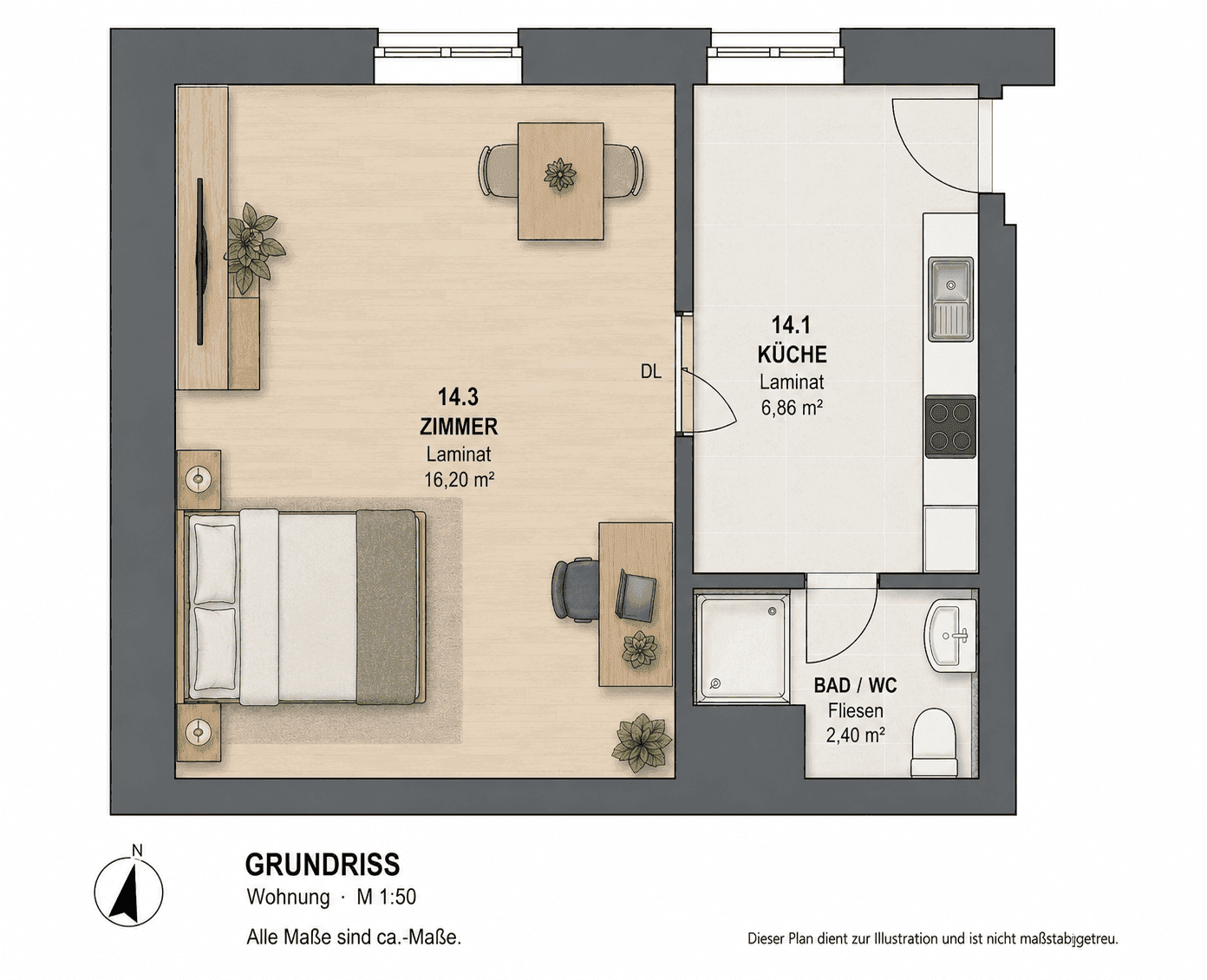 Detaillierter Grundriss einer Wohnung mit Schlafzimmer, Küche und Bad/WC.