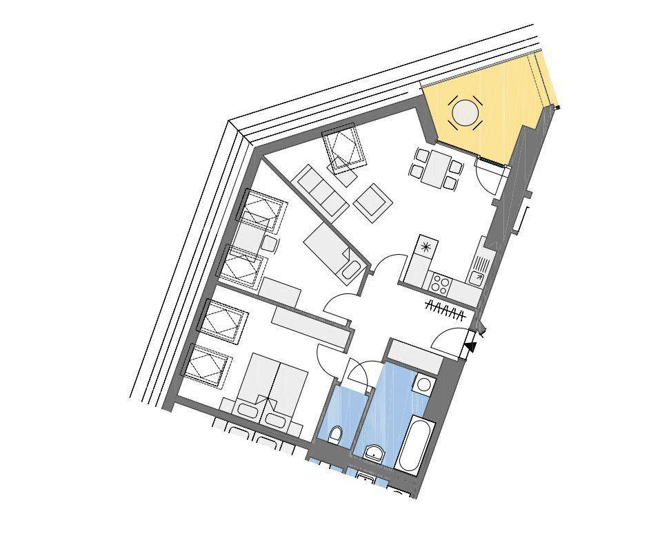 Detaillierter Grundriss einer modernen Wohnung mit offenem Wohn-Essbereich, Schlafzimmer und Balkonzugang.