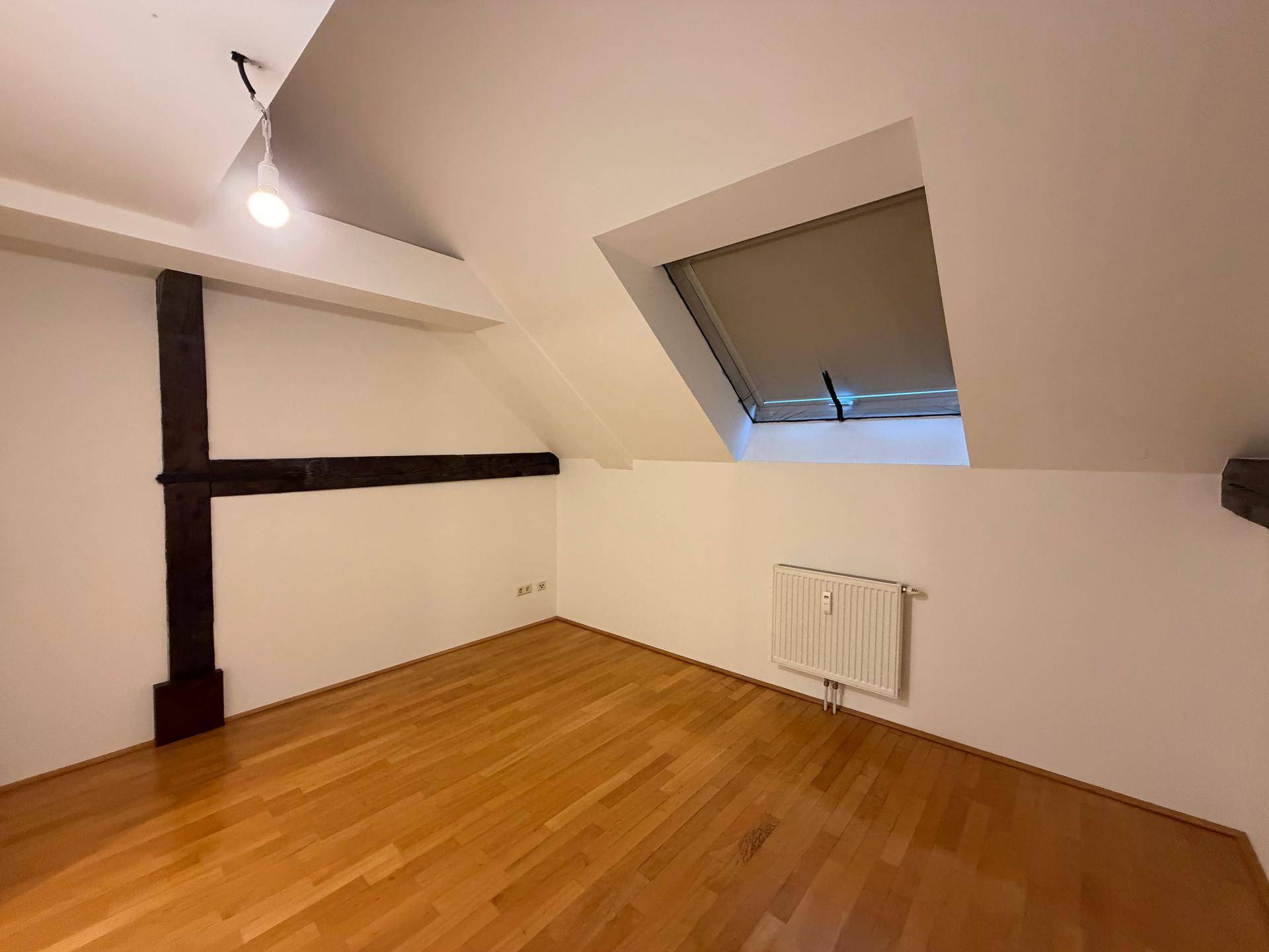Geräumiges Zimmer mit Holzboden, Dachschräge und natürlichem Lichteinfall durch das Dachfenster.
