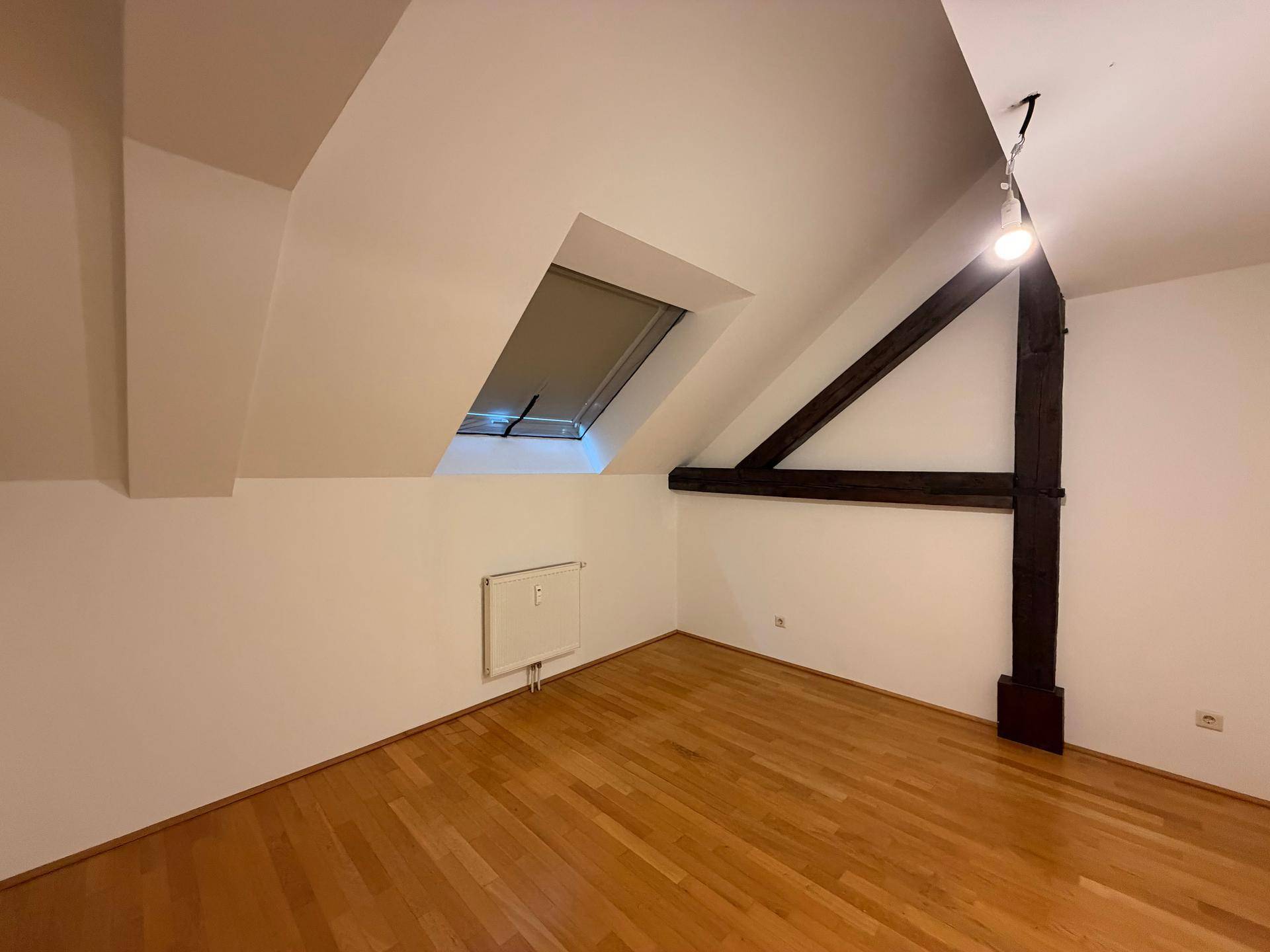 Ruhiges Zimmer mit Holzboden, Dachschräge und einem großen Dachfenster.