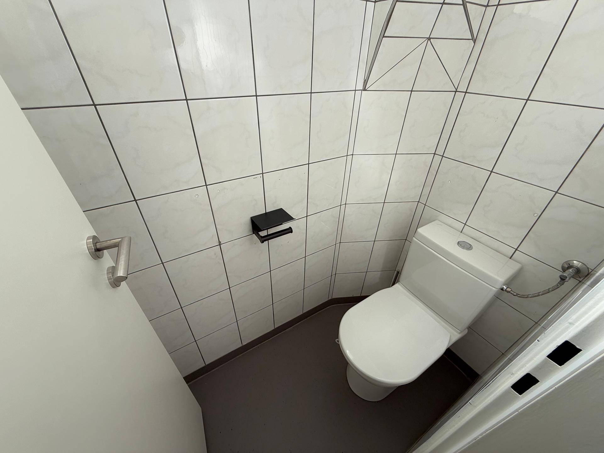 Separate Toilette mit weißer Keramik und Fliesen an den Wänden.