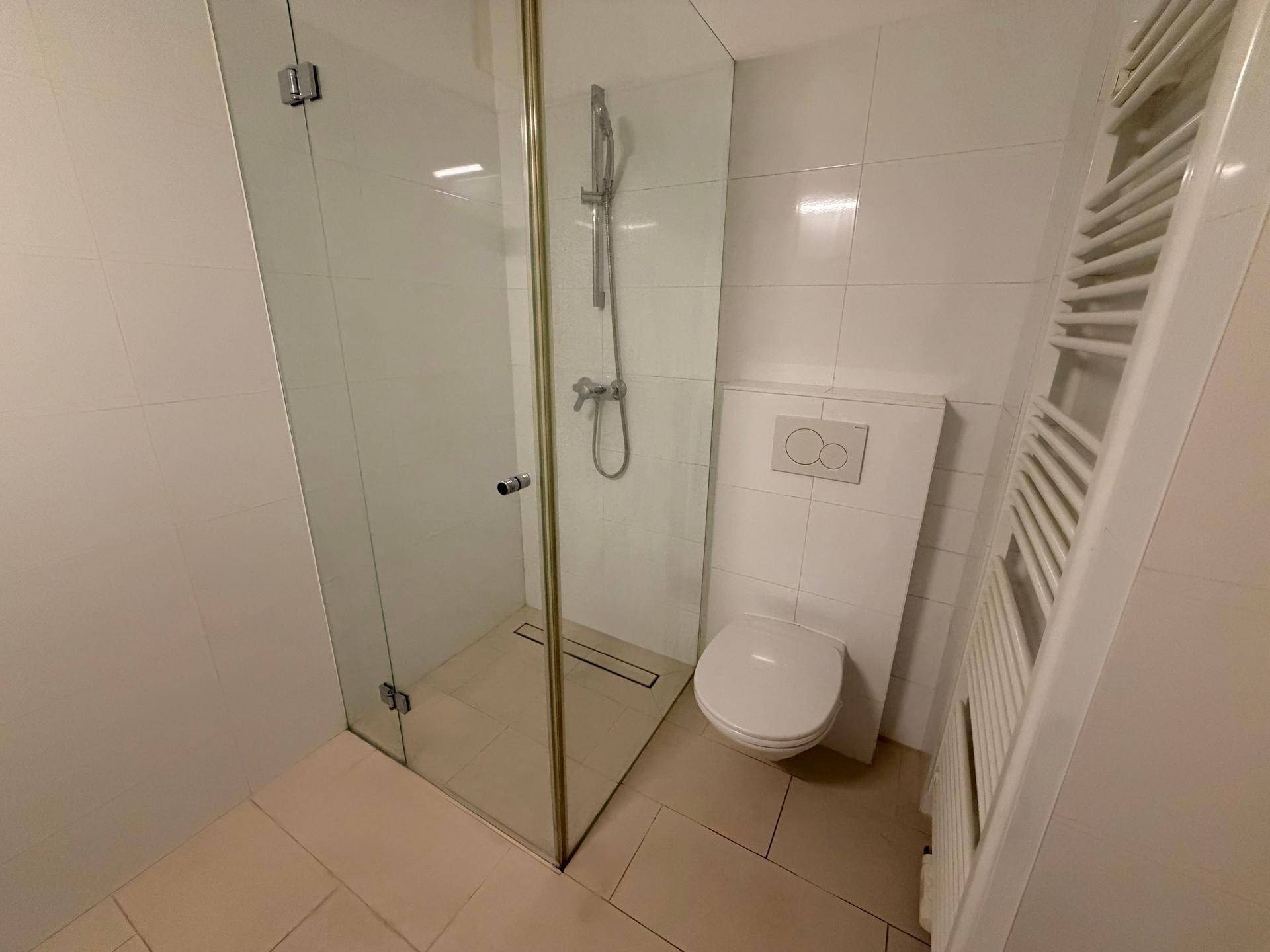 Modernes Badezimmer mit ebenerdiger Dusche, wandhängendem WC und beheiztem Handtuchhalter.
