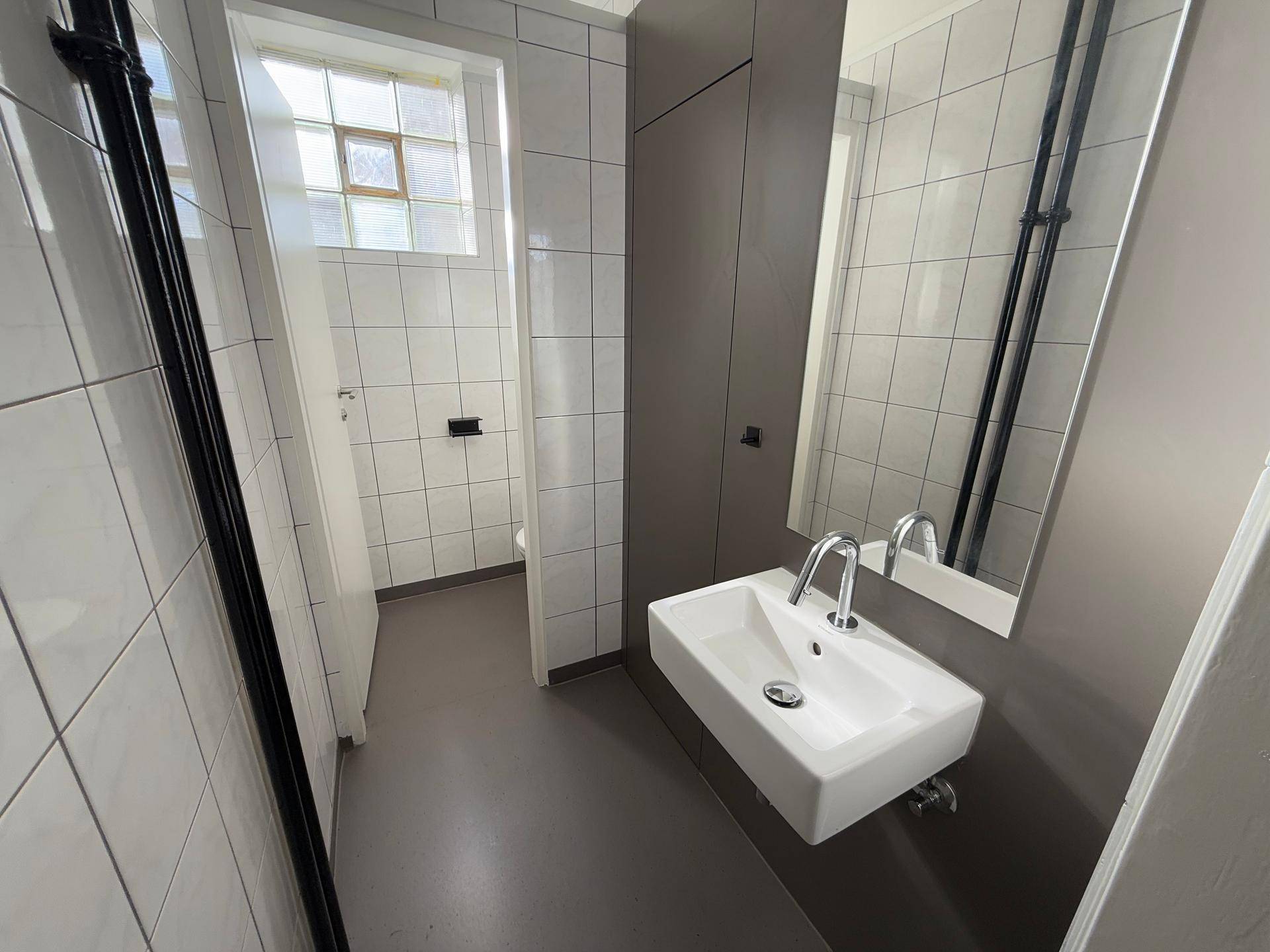 Modernes Badezimmer mit Waschbecken, Spiegel und Zugang zu einer separaten Toilette.