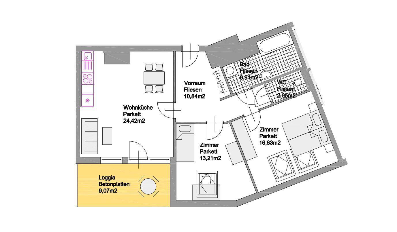 Grundriss der Wohnung mit Wohnküche, Loggia und zwei Zimmern.