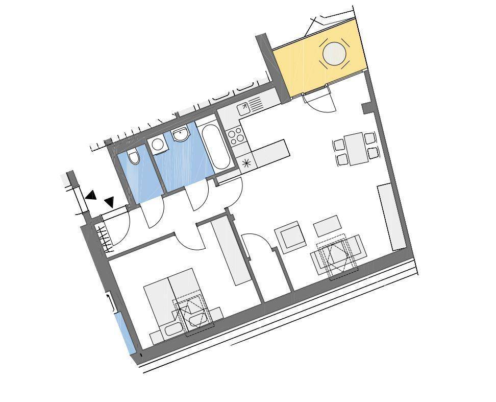 Grundriss einer Wohnung mit Schlafzimmer, Bad, separatem WC, offener Küche und Wohnbereich sowie einem Balkon.