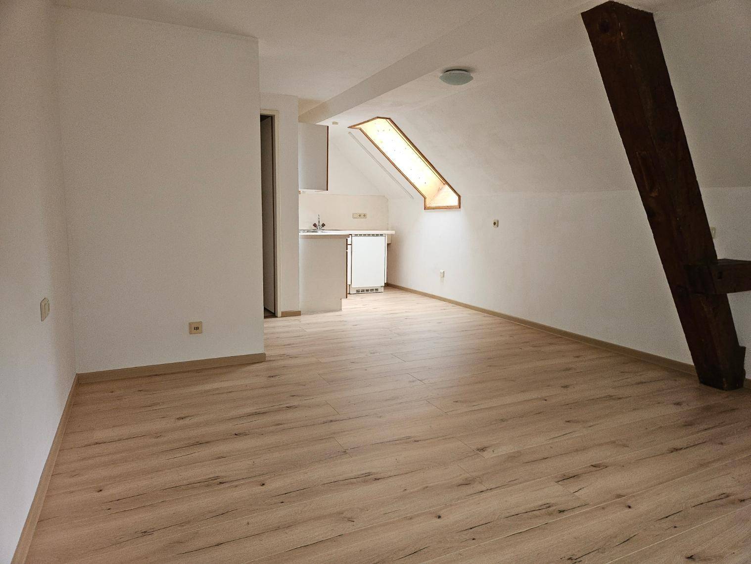 Offener Dachraum mit kleiner Küchenzeile, Dachfenster und Holzbalken, ideal für ein Studio-Apartment.