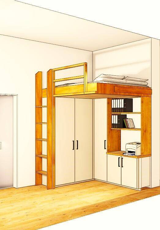 Gestaltungsvariante Hochbett mit Stauraum und Arbeitsplatz 1