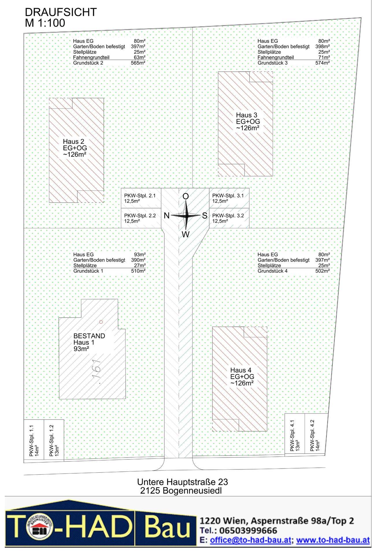 Übersichtsplan der Grundstücke mit Bebauung, Parkplätzen und Zufahrtswegen.