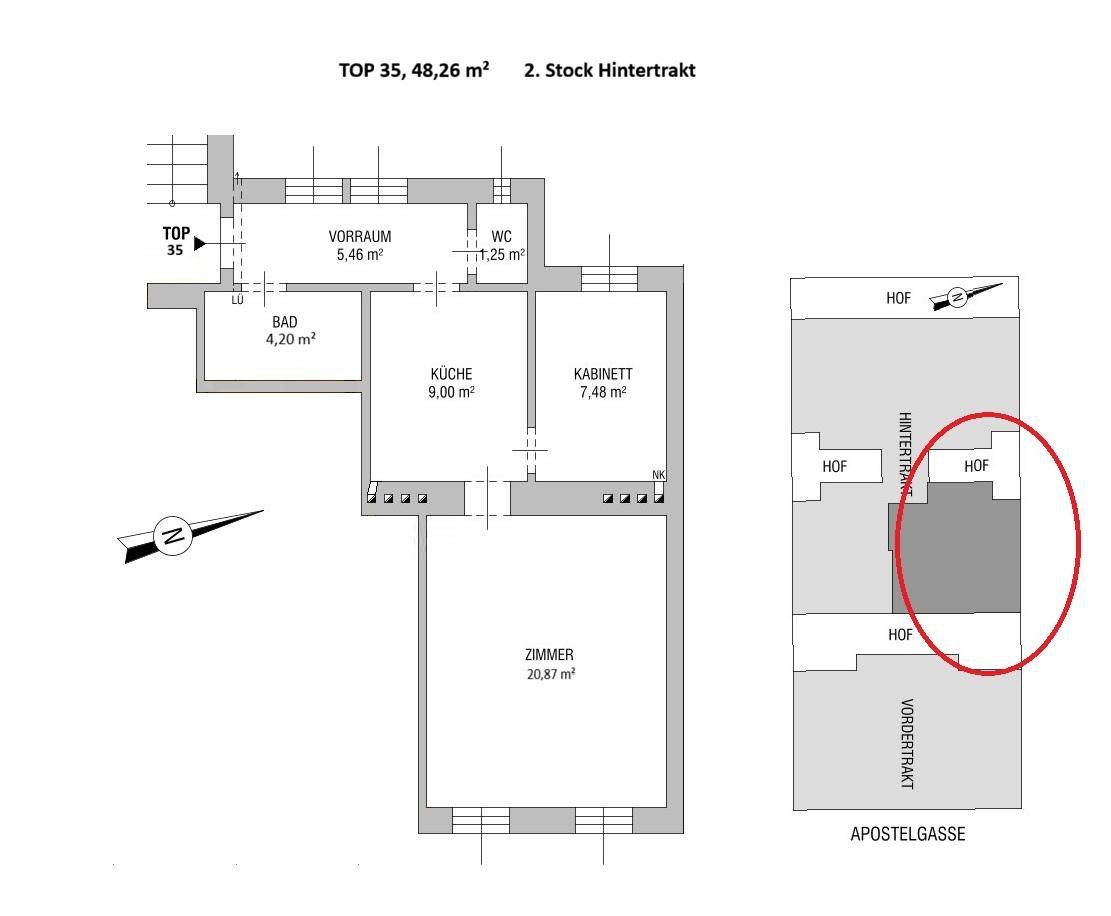 Grundriss der Wohnung Top 35 im 2. Stock mit 48,26 m² und Hoflage, zeigt die Raumaufteilung.