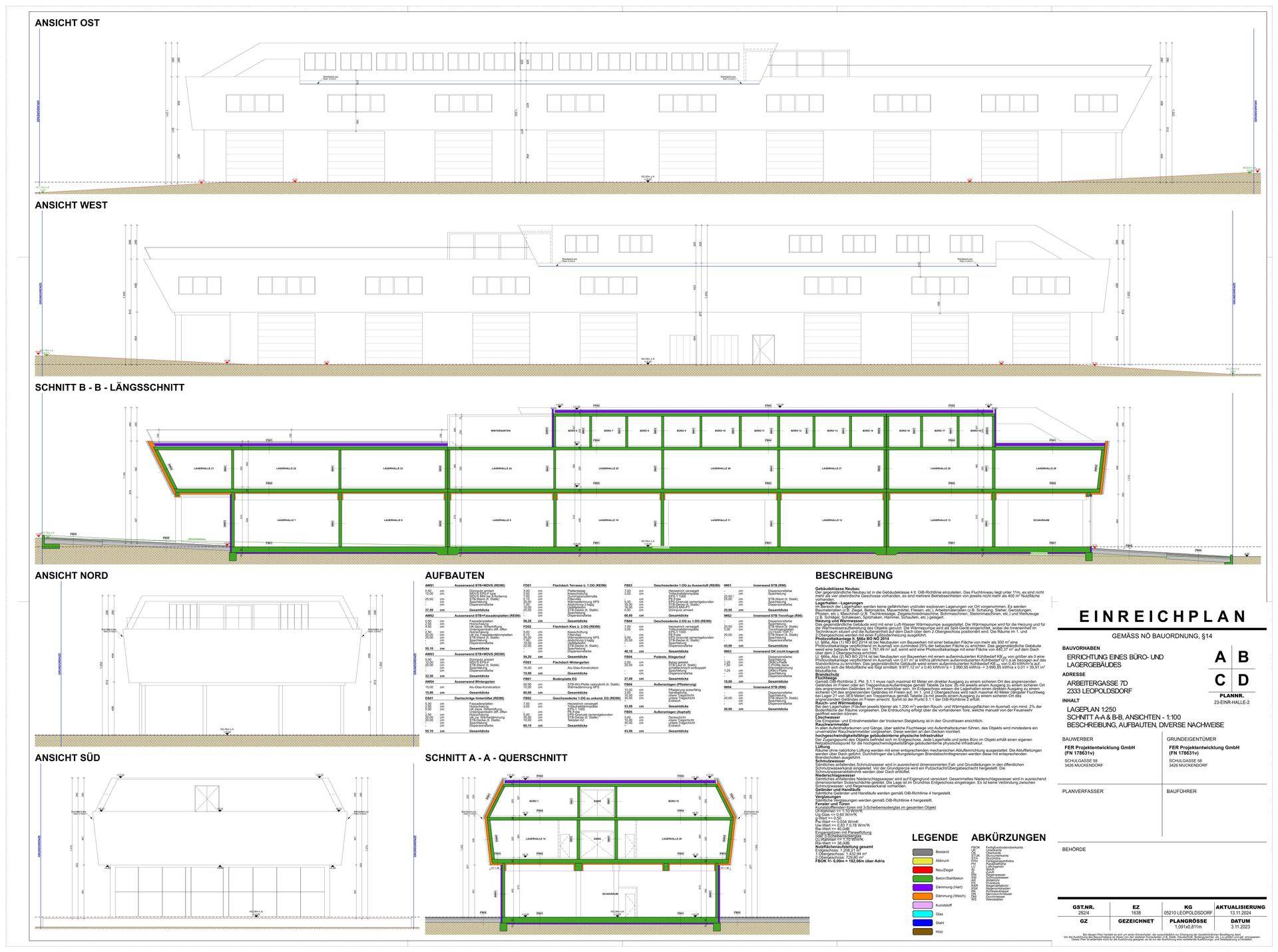 Architektonische Zeichnung mit Ansichten und Schnitten des Gebäudes, zeigt die Struktur und Fassadendetails.