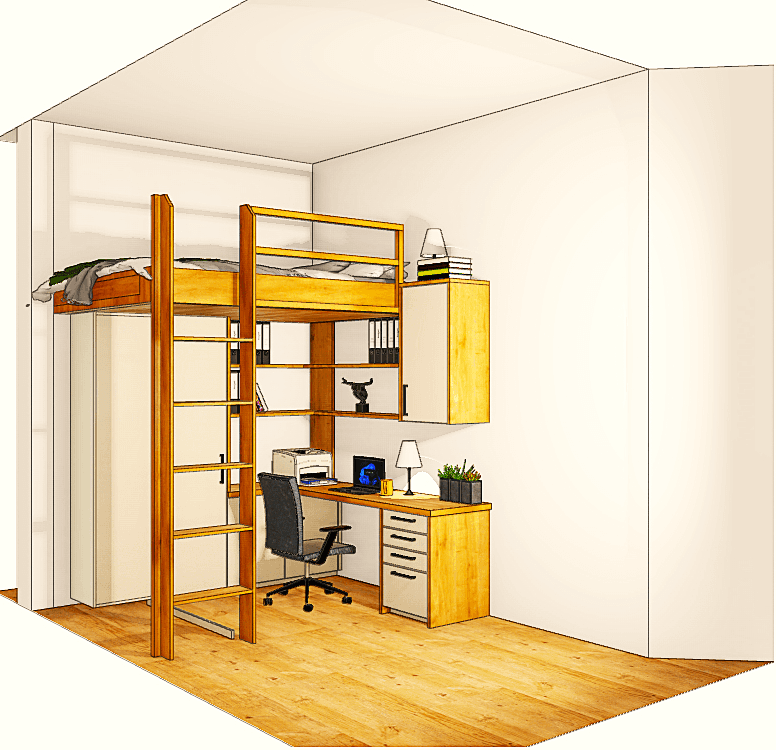 Gestaltungsvariante Hochbett mit Stauraum und Arbeitsplatz