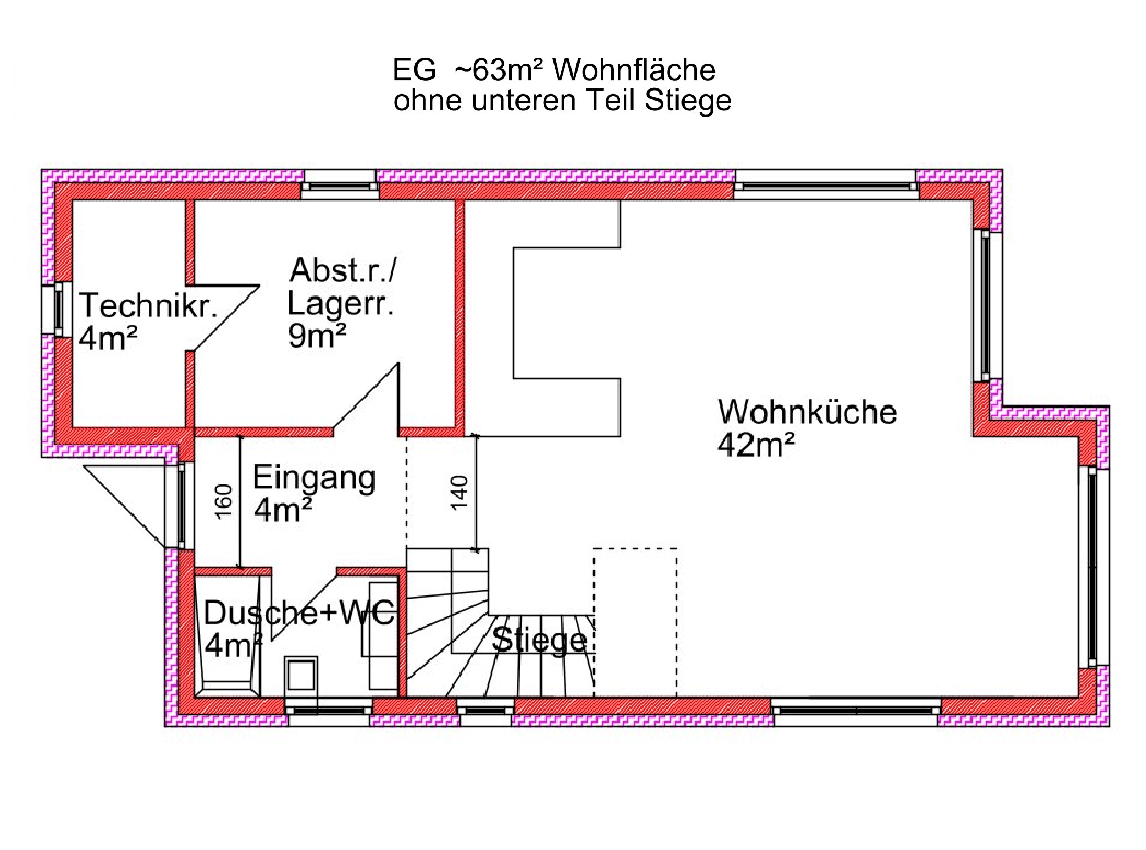 Grundriss des Erdgeschosses mit offener Wohnküche, Eingangsbereich, Abstellraum und Duschbad.