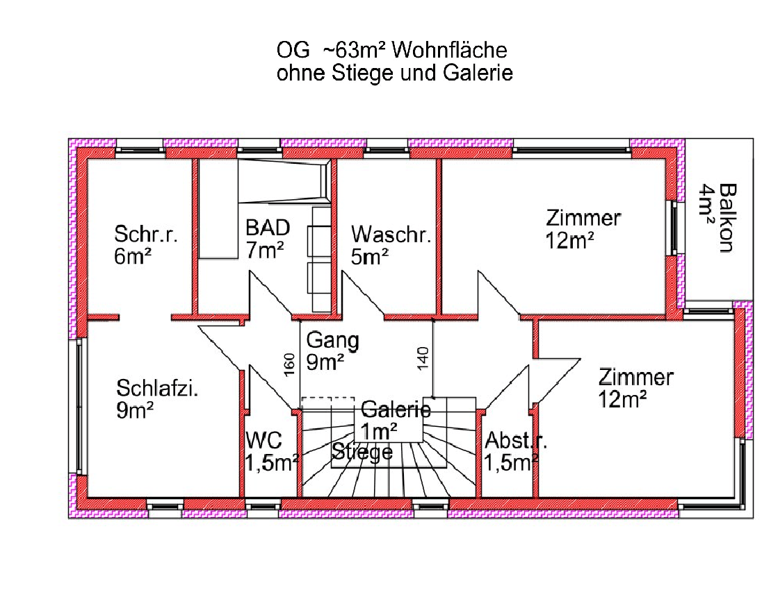 Grundriss des Obergeschosses mit drei Schlafzimmern, Badezimmer, separatem WC und Balkonzugang.