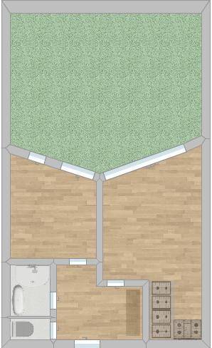 Grundrissplan zeigt eine Wohnung mit Gartenanteil, Badewanne und Holzfußböden.