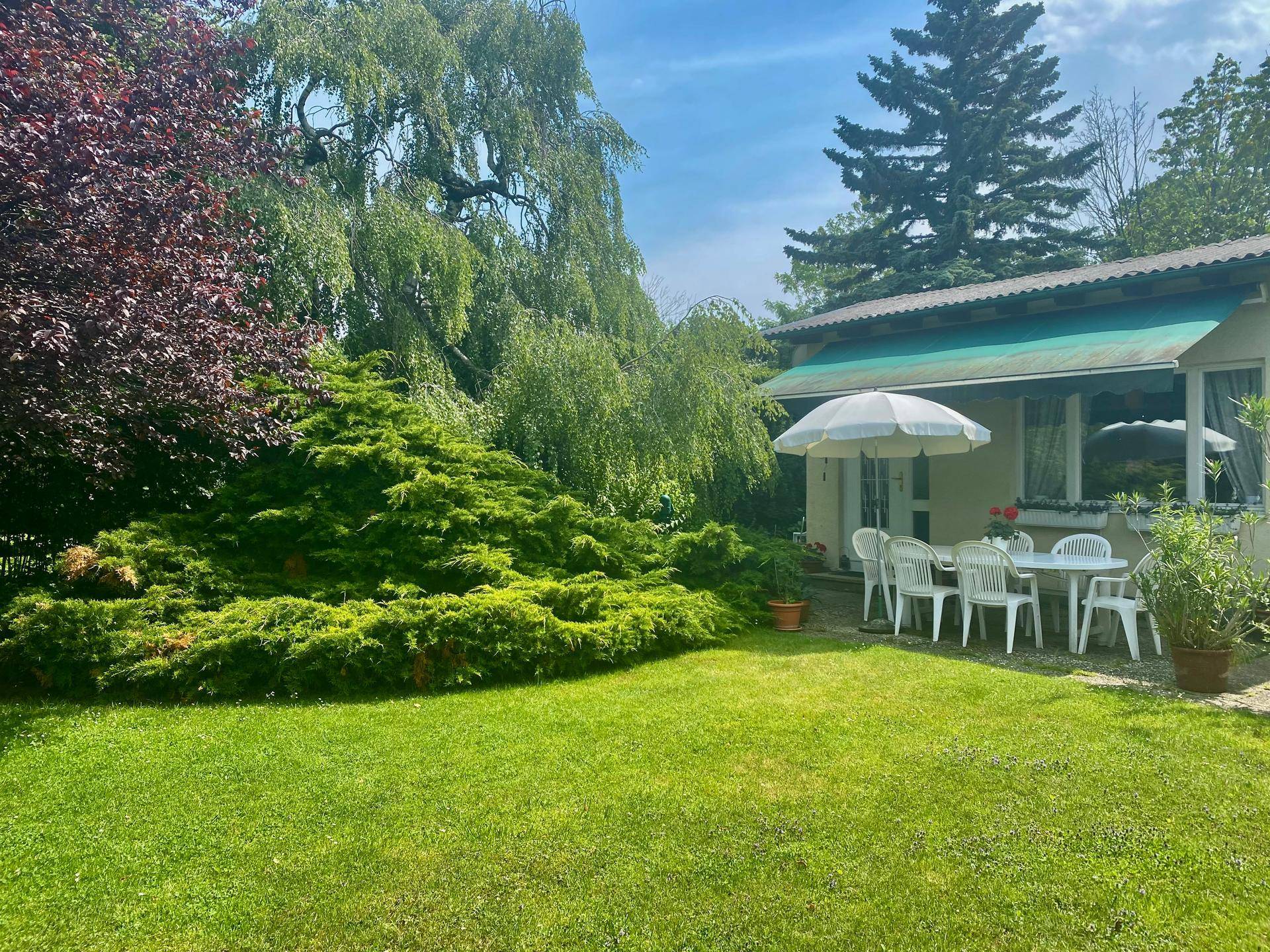 Weitläufiger Garten mit üppiger Vegetation und einem gemütlichen Sitzbereich vor dem Haus.