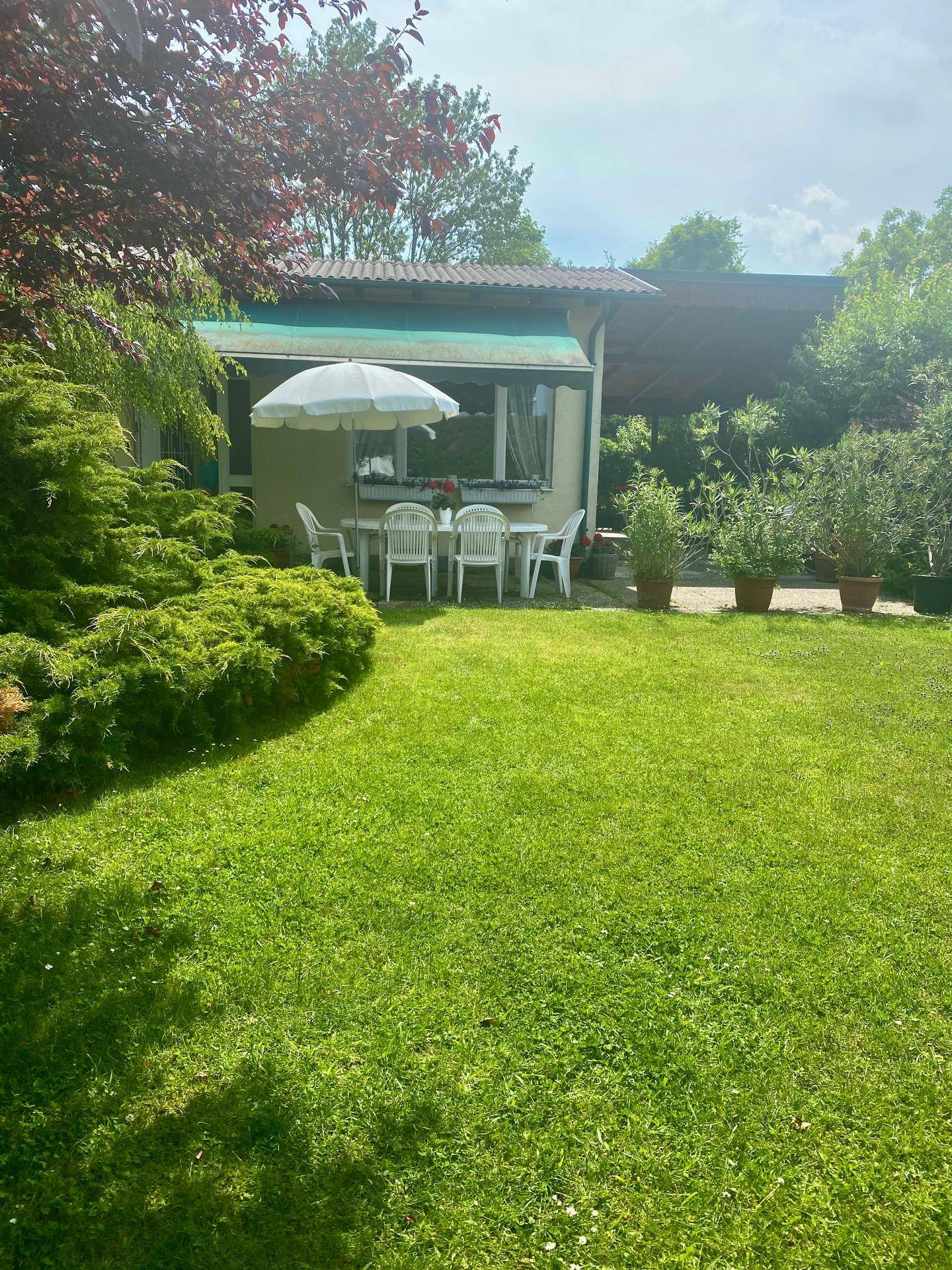 Gepflegter Garten mit Rasenfläche und überdachtem Sitzbereich vor dem Haus.