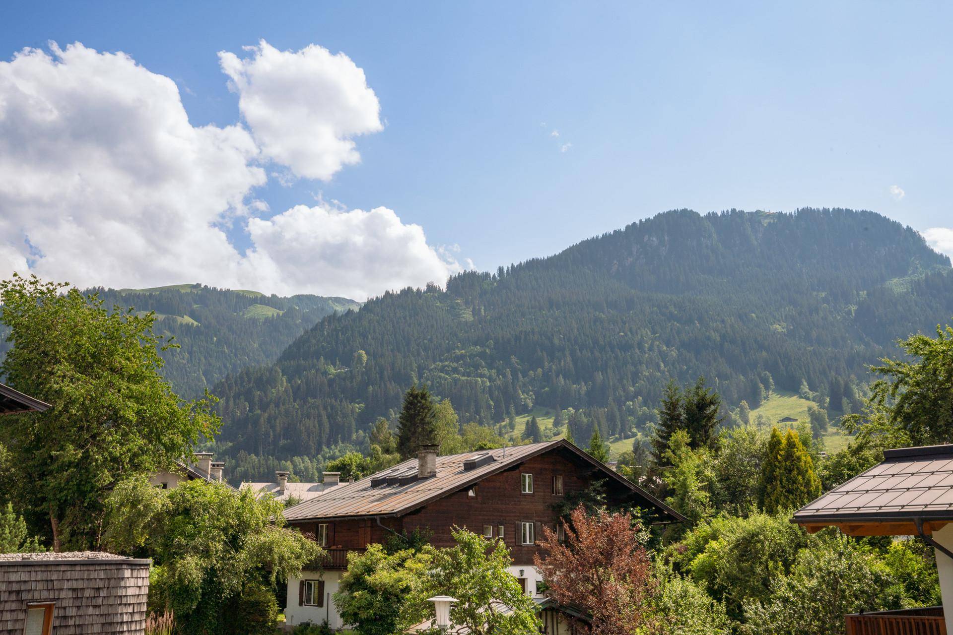 Traditionelles Haus im Grünen mit Bergblick und umliegender Natur.