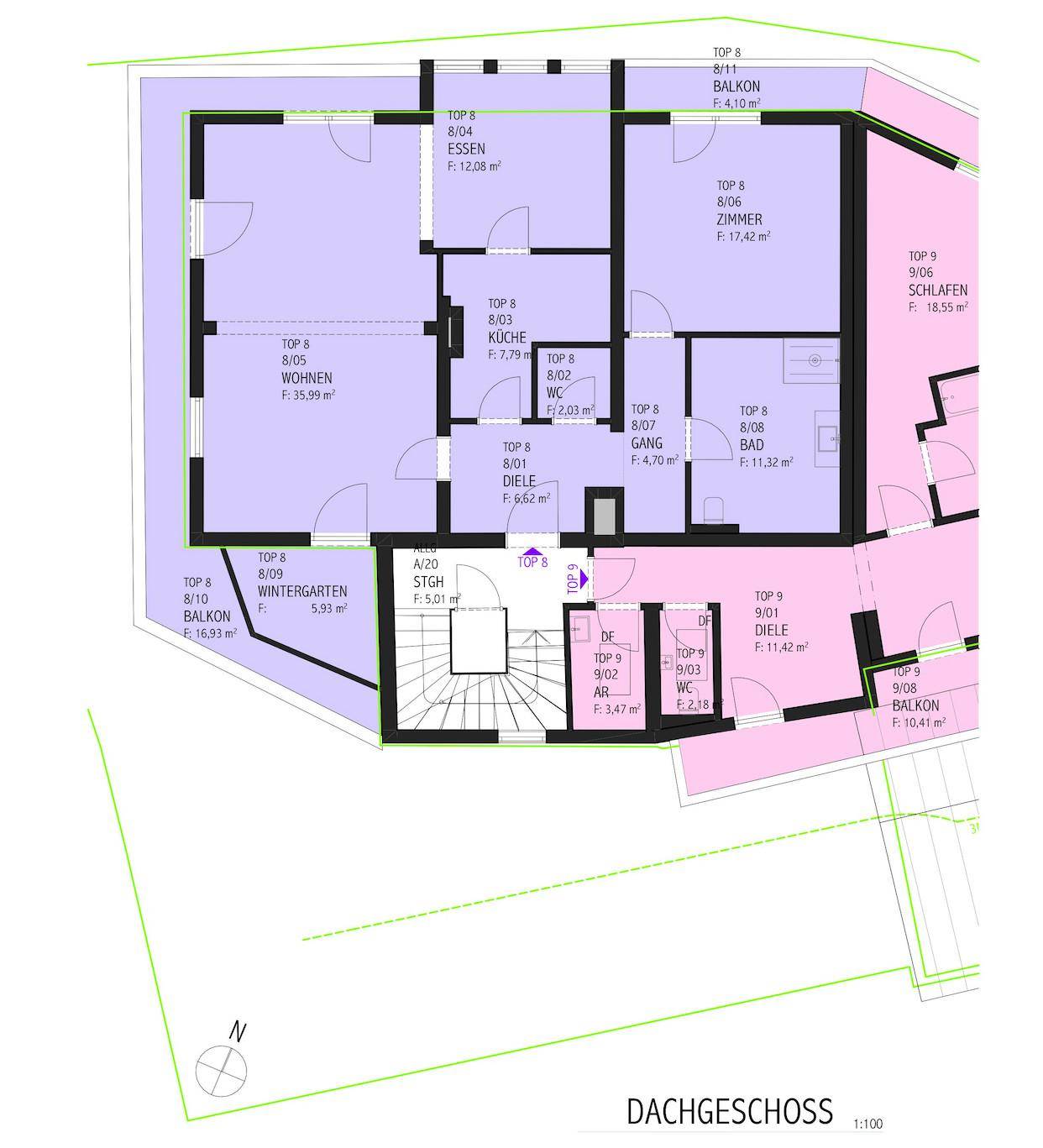 Grundriss des Dachgeschosses mit Wintergarten, mehreren Zimmern und Balkonen.