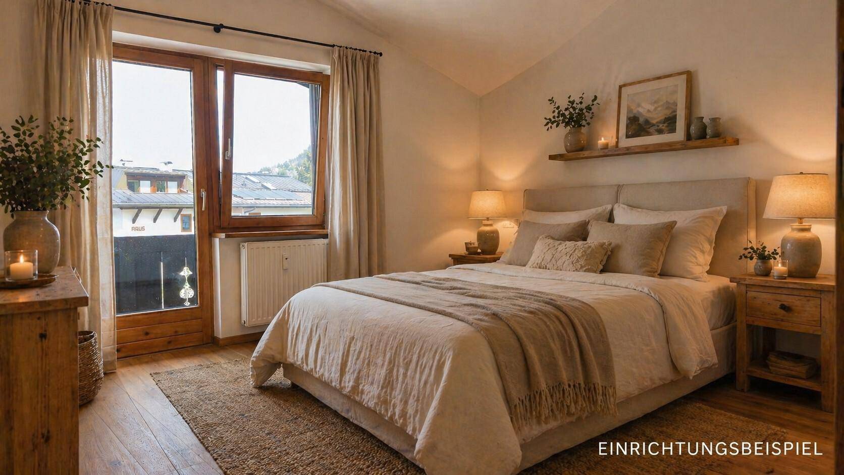 Gemütliches Schlafzimmer mit Doppelbett, Holzboden und Zugang zu einem kleinen Balkon mit Bergblick.
