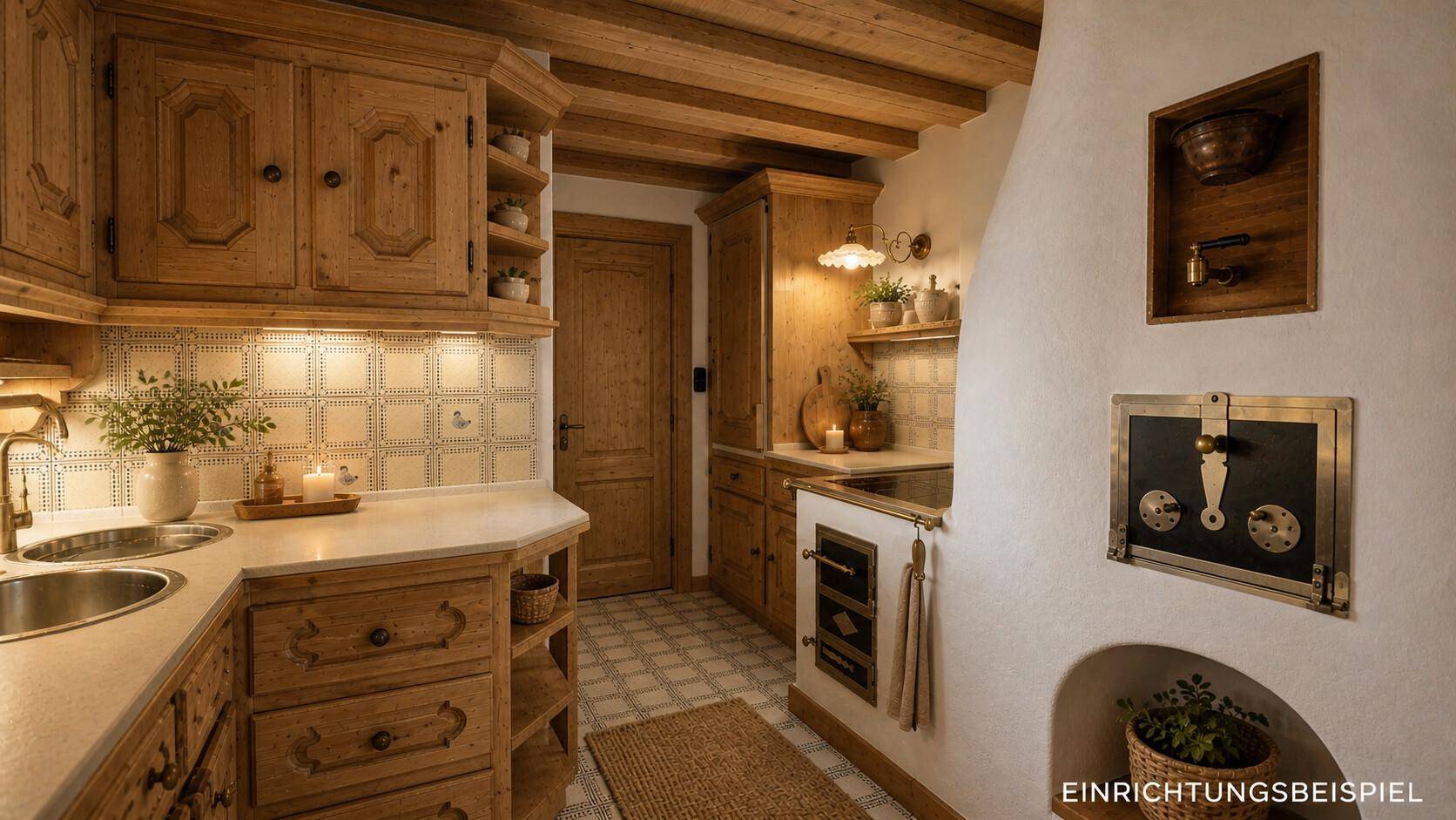 Traditionelle Holzküche im Landhausstil mit Kachelofen-Element, Fliesenboden und rustikalen Details.