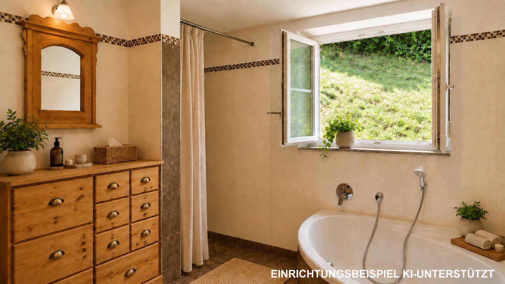 Traditionelles Badezimmer mit Badewanne, Holzkommode und Fenster mit Blick auf eine grüne Wiese.