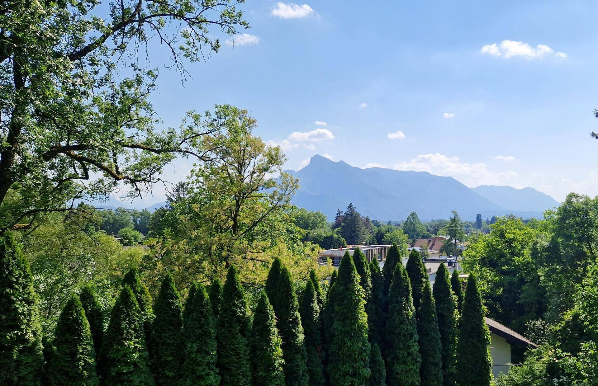 Panoramablick von der Immobilie mit grünen Hecken, Bäumen und majestätischen Bergen im Hintergrund.