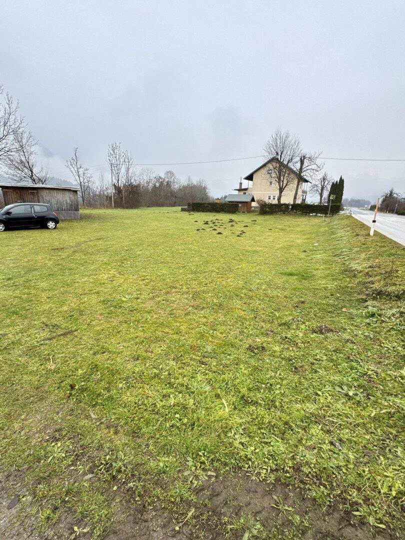 Weitläufige grüne Wiese mit einem Wohnhaus im Hintergrund und angrenzender Straße.