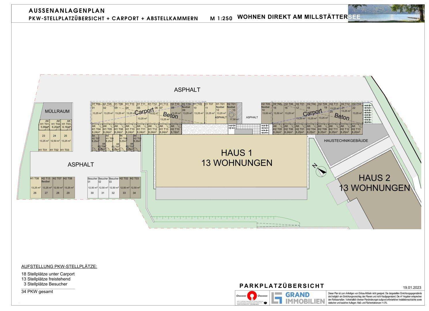 Außenanlagenplan mit Übersicht der PKW-Stellplätze, Carports und Abstellkammern für Haus 1 und Haus 2.