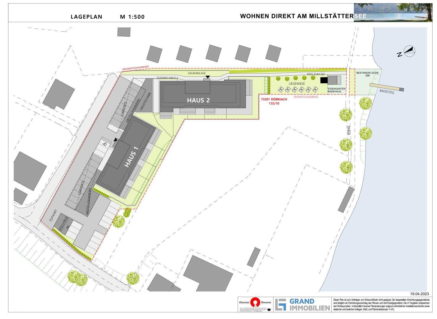 Lageplan der Wohnanlage mit Haus 1 und Haus 2, Parkplätzen und direktem Zugang zum Millstättersee.