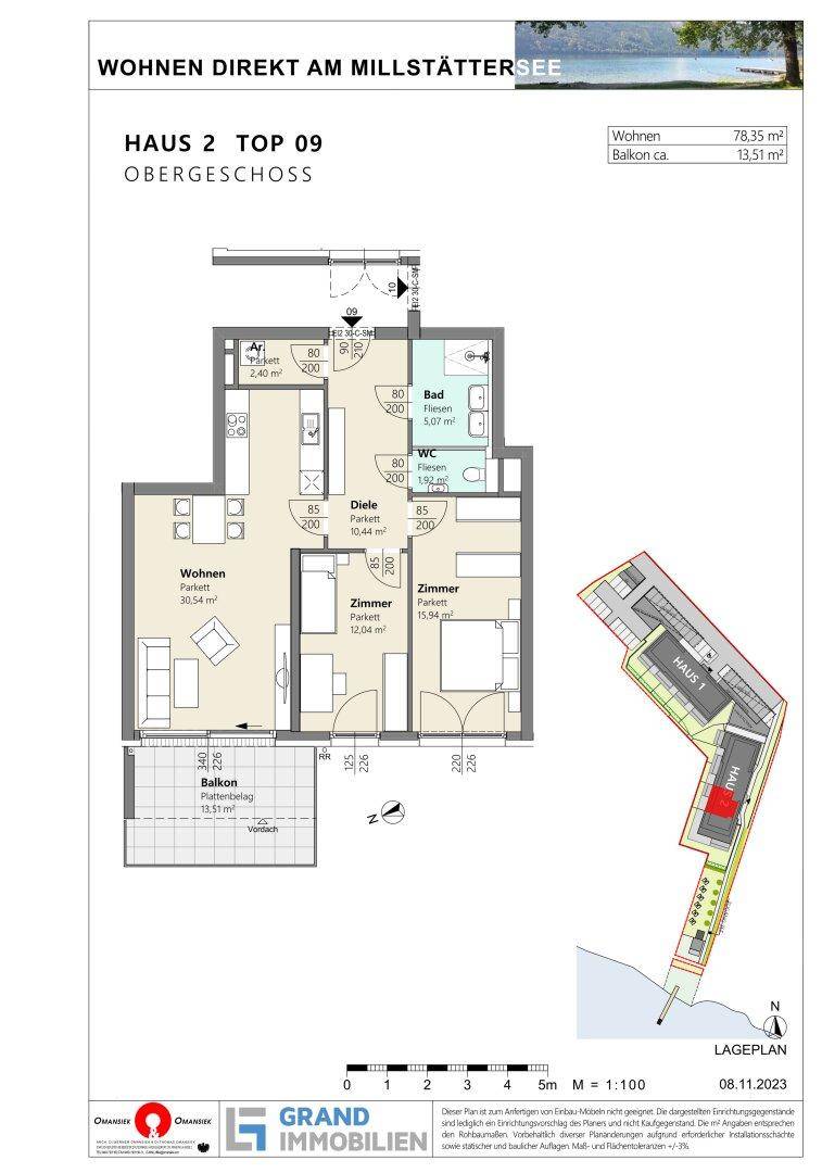 Grundriss für eine Obergeschosswohnung mit zwei Schlafzimmern, Bad, WC und einem Balkon.