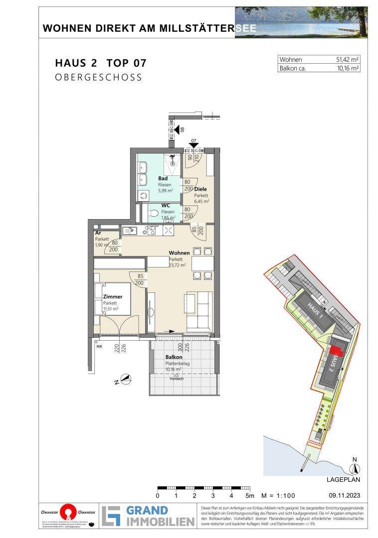 Grundriss für eine Wohnung im Obergeschoss mit Balkon, Bad und separatem WC.