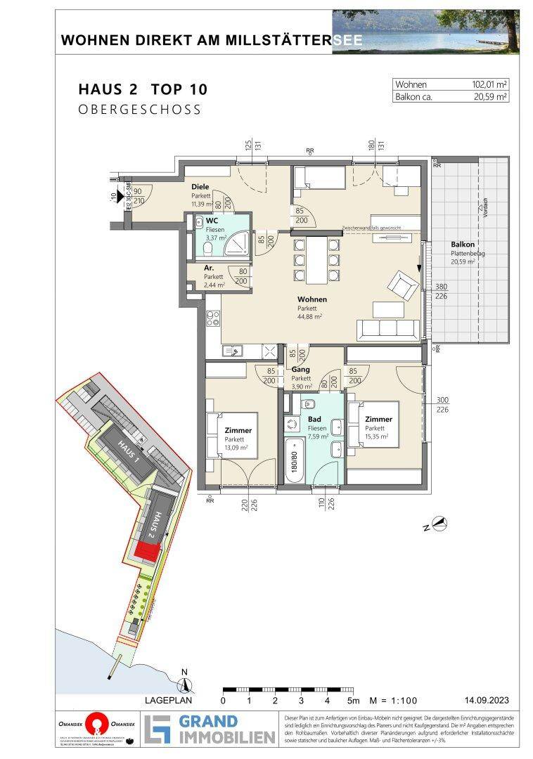 Grundriss für Haus 2, Top 10 im Obergeschoss, mit Wohnbereich, zwei Schlafzimmern und Balkon.
