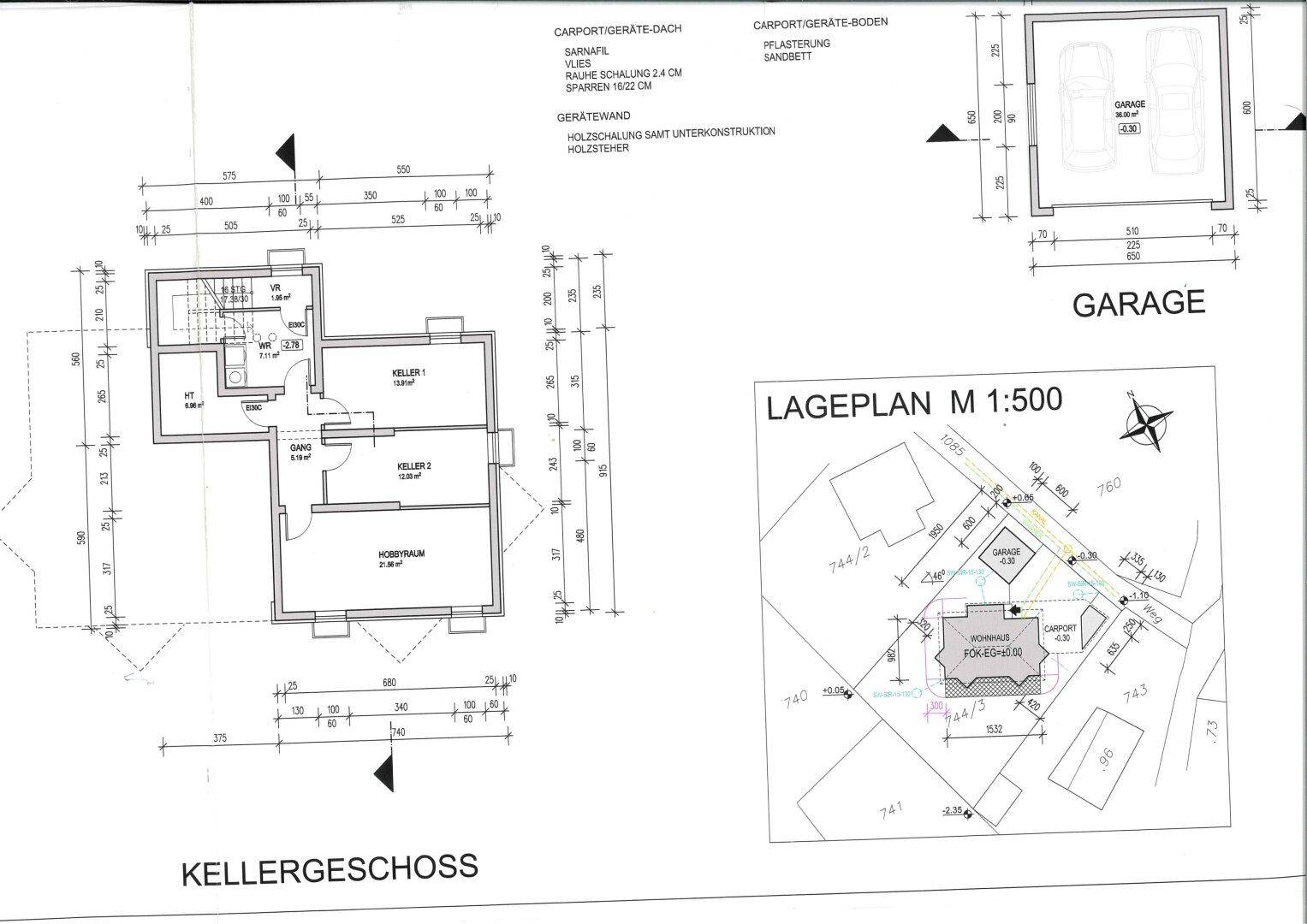 Grundriss des Kellergeschosses mit Abstellräumen, einer Garage und dem Lageplan des Grundstücks.